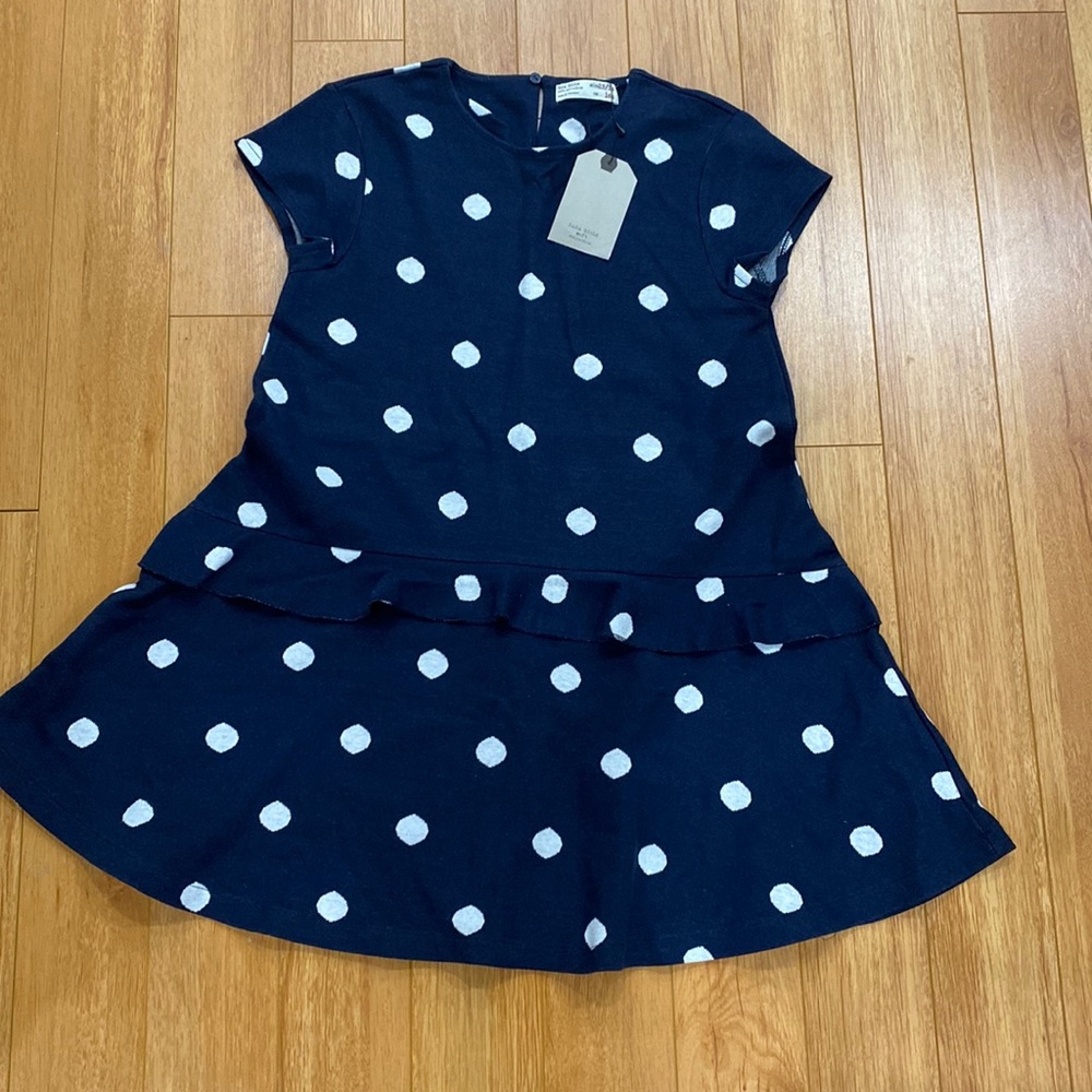 Zara Girls Polka Dot Dress Size 13/14 Blue White Short Sleeves